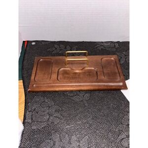 Vintage Wood Desk Organizer Valet Tray Mail Holder Pen Rest Brown Gold Accent